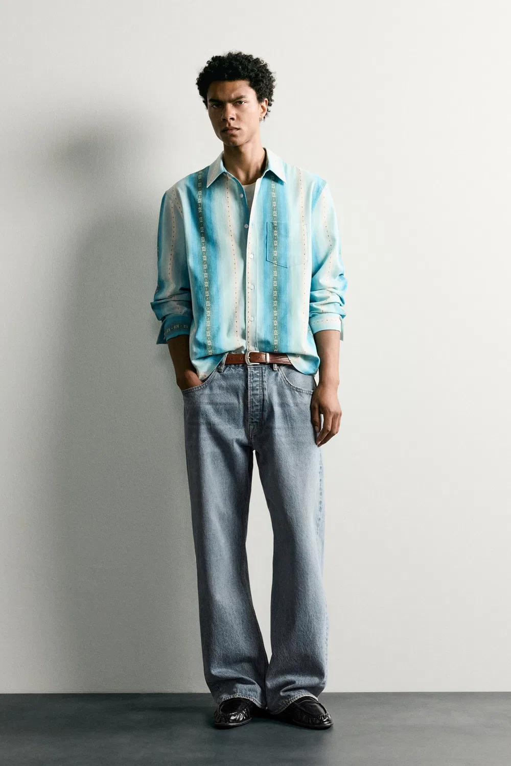 Рубашка из жаккарда в полоску свободного кроя ZARA, Blues