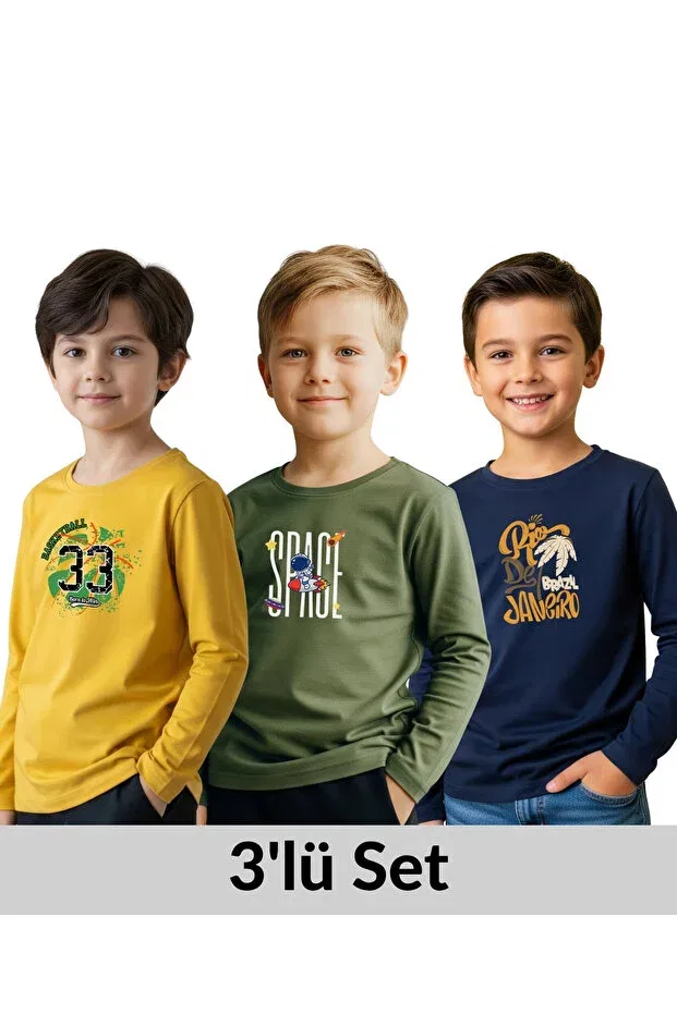Детские свитшоты для мальчиков с принтом 3-предметный комплект Fyk Kids, Yellow-Khaki-Blue