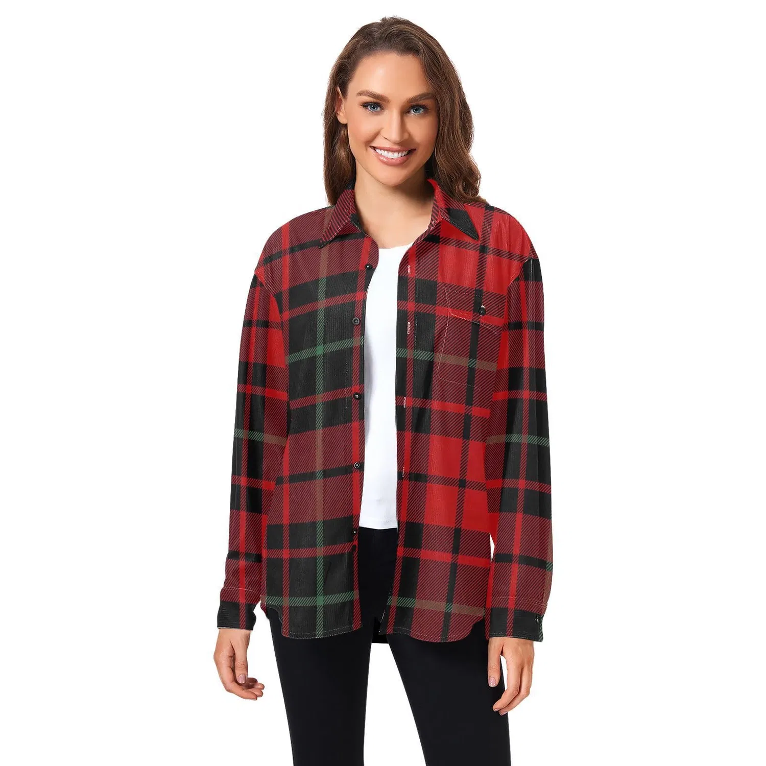 Женская куртка с длинным рукавом Classic Long Sleeve Red Plaid Christmas Shirt, Classico Plaid Natale Rosso