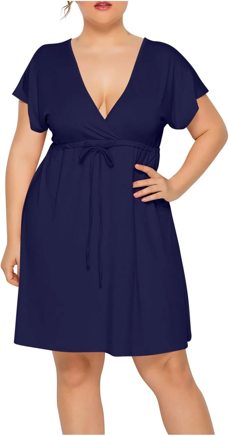 Женское платье V-образным вырезом с коротким рукавом, Dark Blue