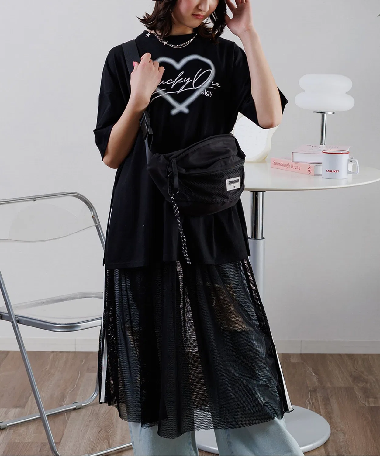 Комплект из футболки и юбки algy BIGT& Mesh Long Skirt Set, чёрный