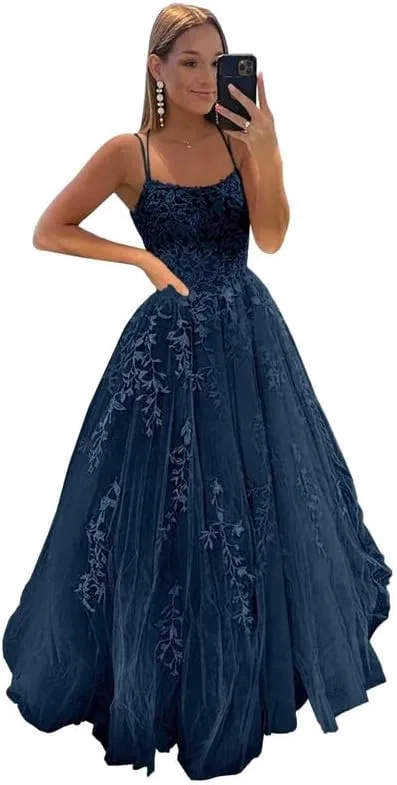 Женское вечернее платье с кружевными аппликациями A-line MJ94, Navy Blue