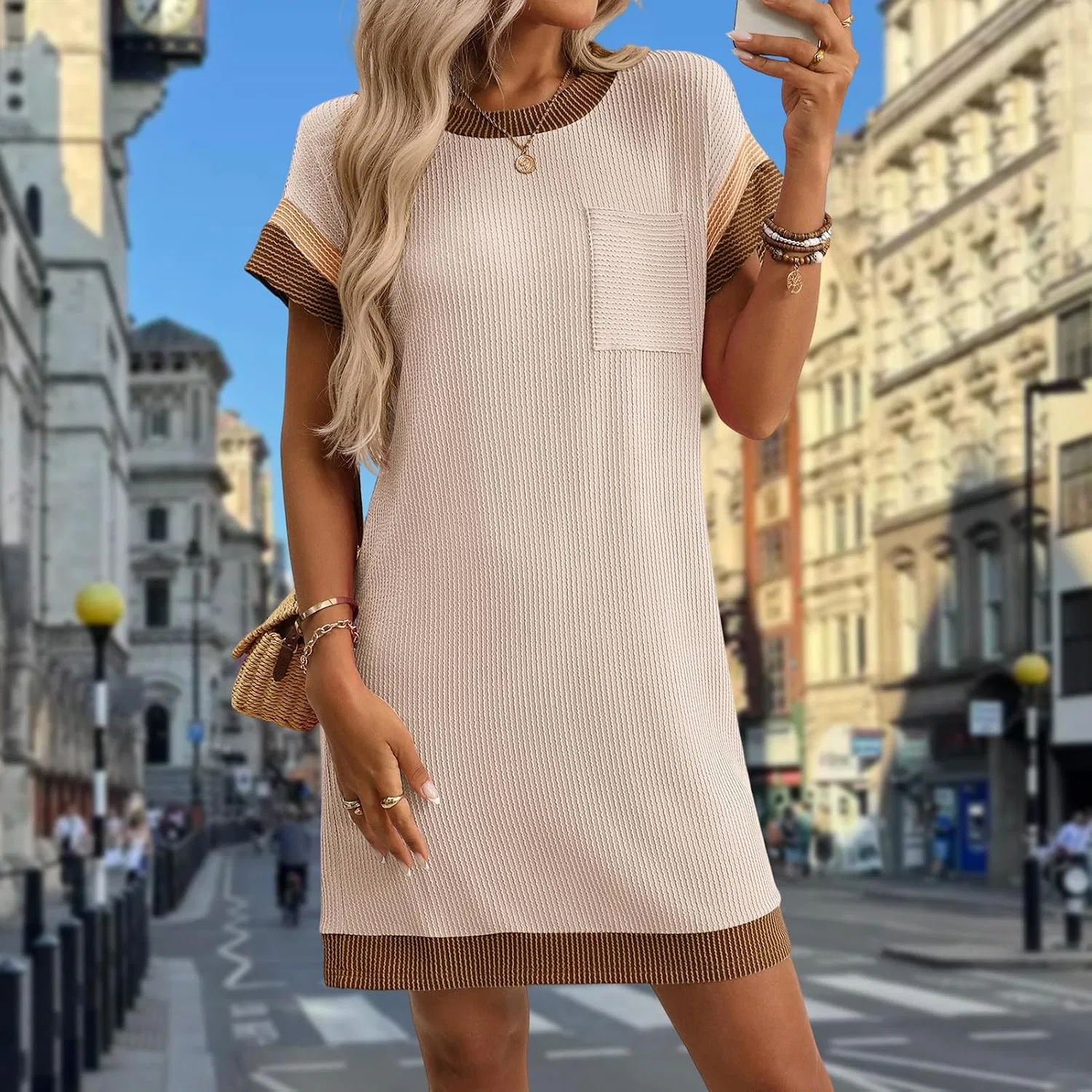 Женское платье-футболка с коротким рукавом, цвет-блок, Cream Colored — фото 2