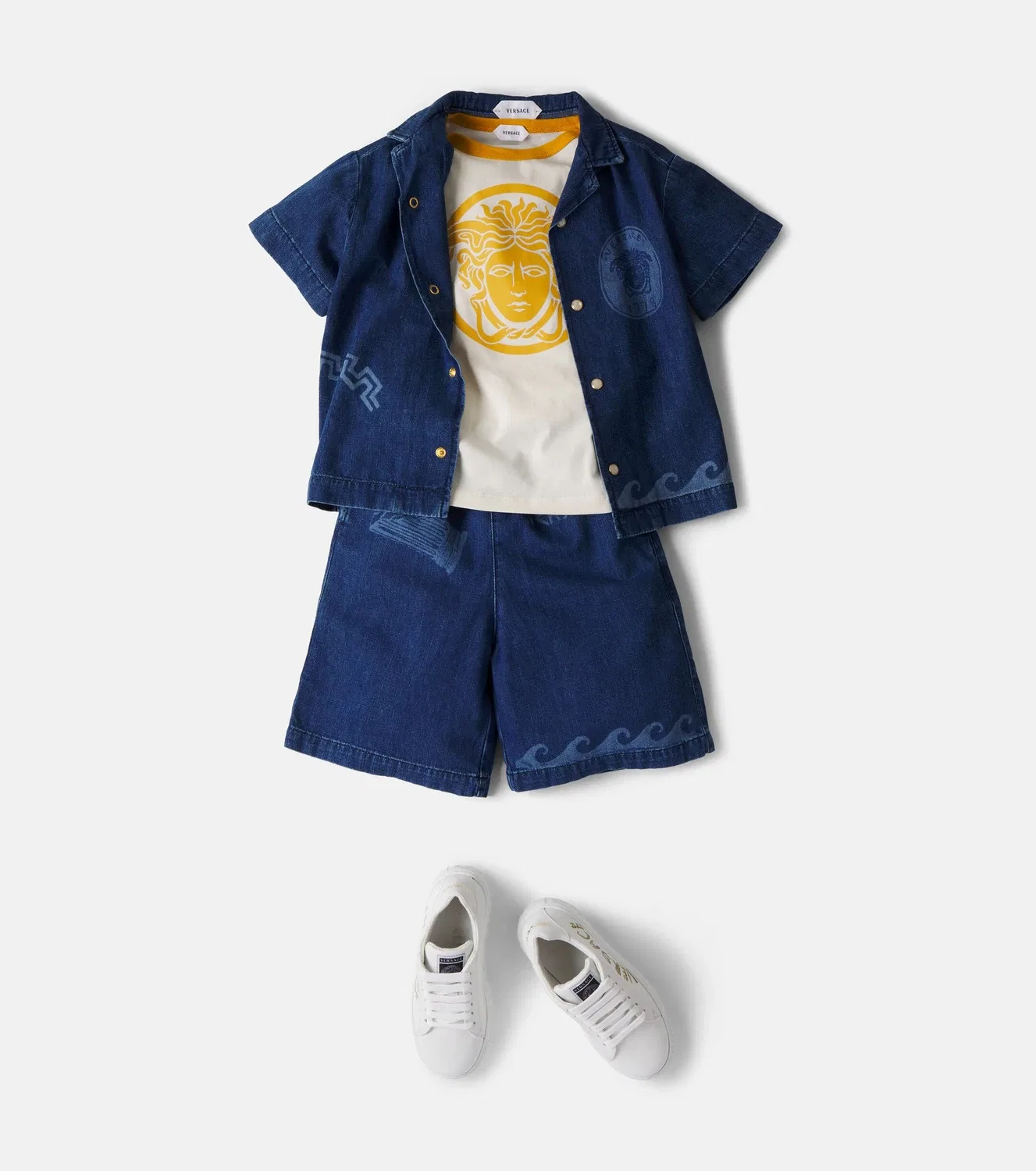 Рубашка хлопковая с кубинским воротником Versace Kids, синий — фото 2