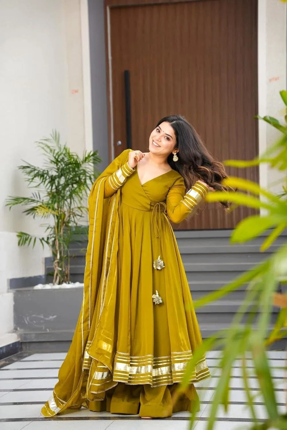 Женское платье-анаркали из шифона с отделкой, Anarkali Suit 20001, горчичный — фото 2