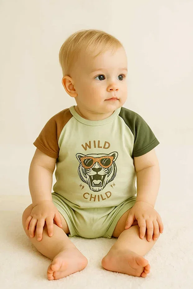 Детский комбинезон для мальчиков хлопковый Summer Combed Cotton Baby Boy Jumpsuit With Snap Fasteners On The Back Krm Kerem Bebe, Зеленый