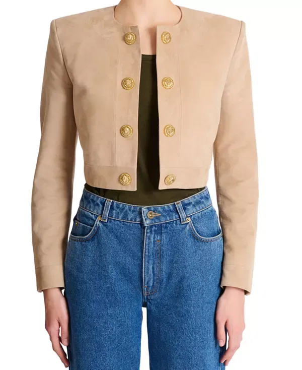 Женская куртка из замши Cropped Suede Leather Jacket Balmain, бежевый