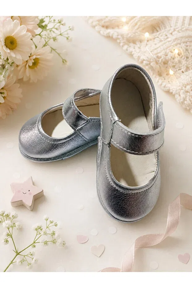 Детские пинетки для мальчиков и девочек 100% кожаные Basics My Baby Kumsal, Silver — фото 4
