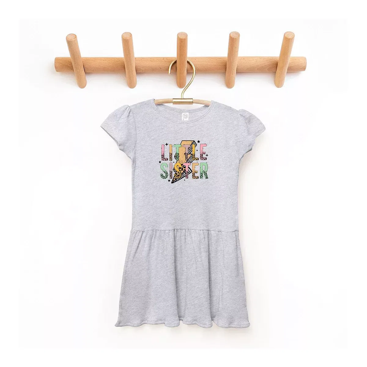 Детское платье для девочек с принтом Little Sister Lightning Bolt The Juniper Shop, Heather Grey