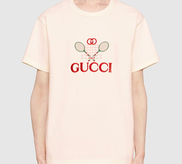 Футболка Gucci Мужская Теннисная Принт Оверсайз Ретро Короткий Рукав белый — фото 3