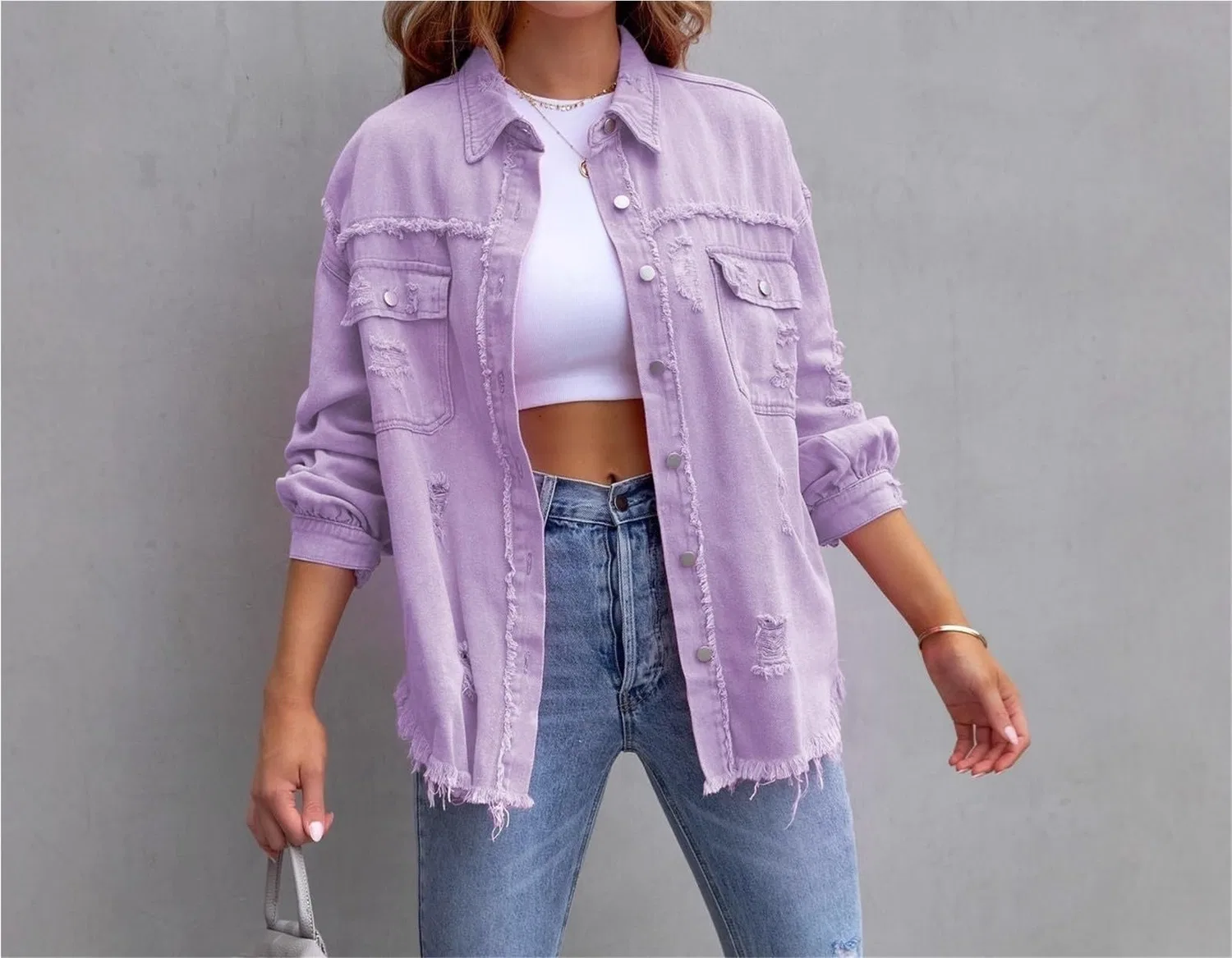 Женская джинсовая куртка с длинным рукавом, Light purple — фото 4