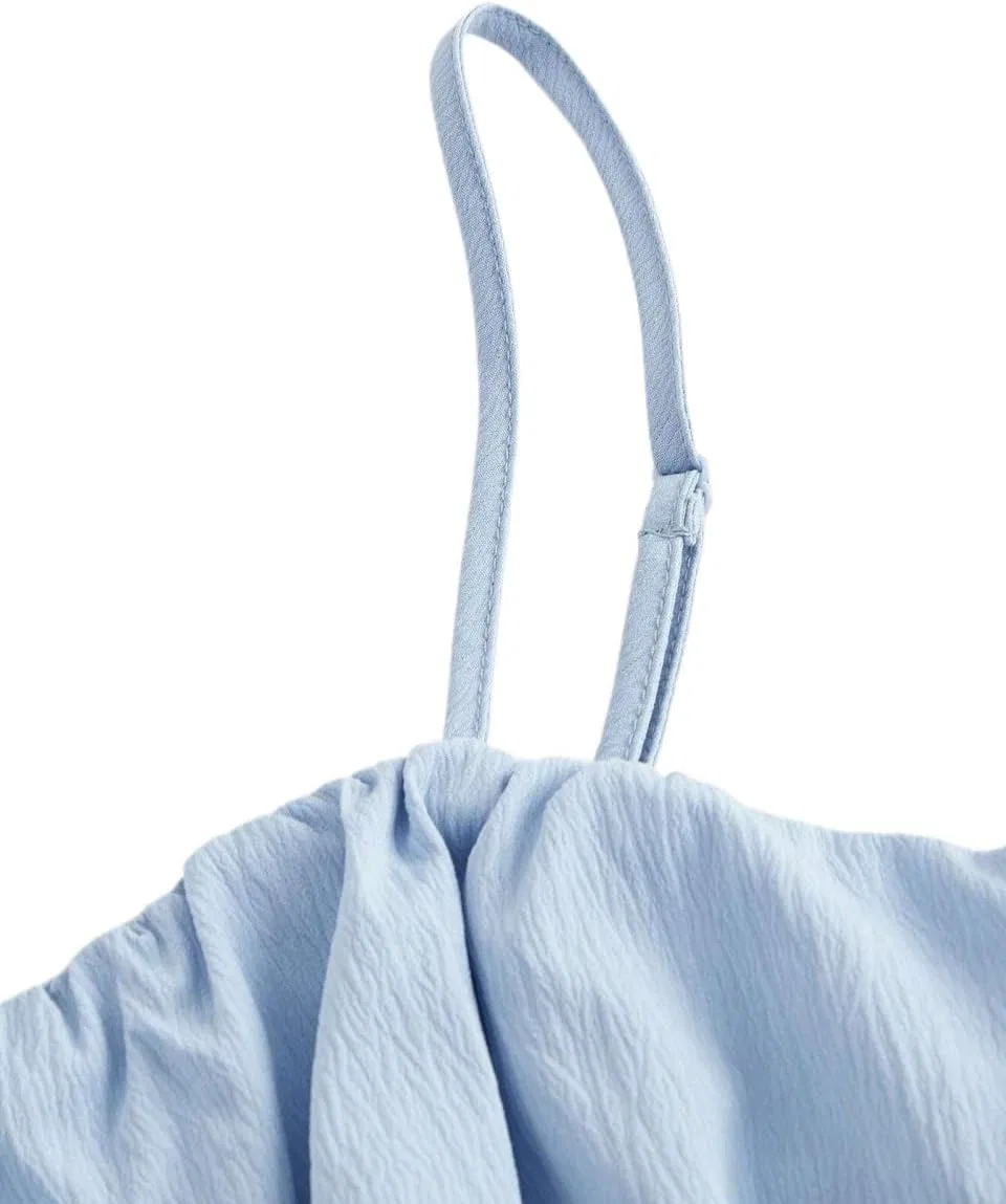 Женское элегантное платье миди на бретелях с рюшами Generic, Baby Blue — фото 4