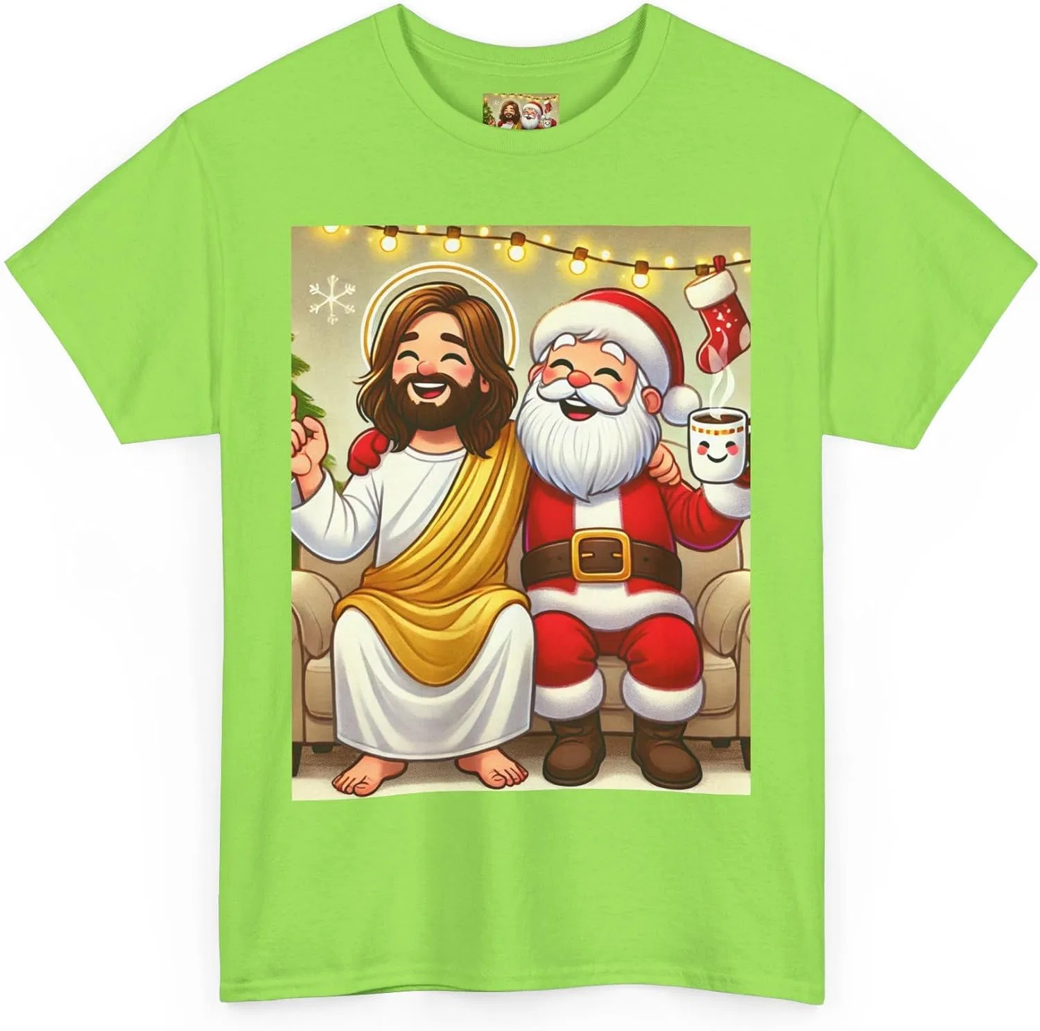 Женская футболка с принтом Funny Santa Jesus Hanging Out, неоново-зелёный — фото 3