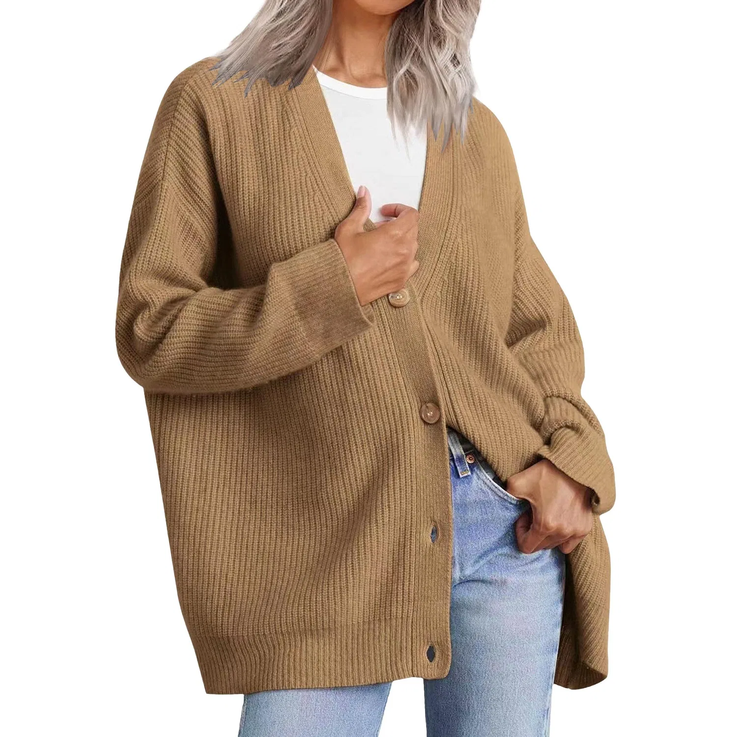 Женский вязаный кардиган с V-образным вырезом и длинным рукавом, Light Brown