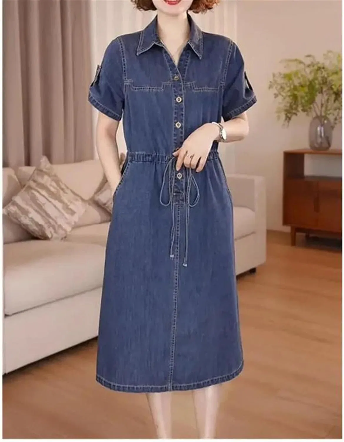Женское джинсовое платье миди с коротким рукавом, Denim Blue — фото 4