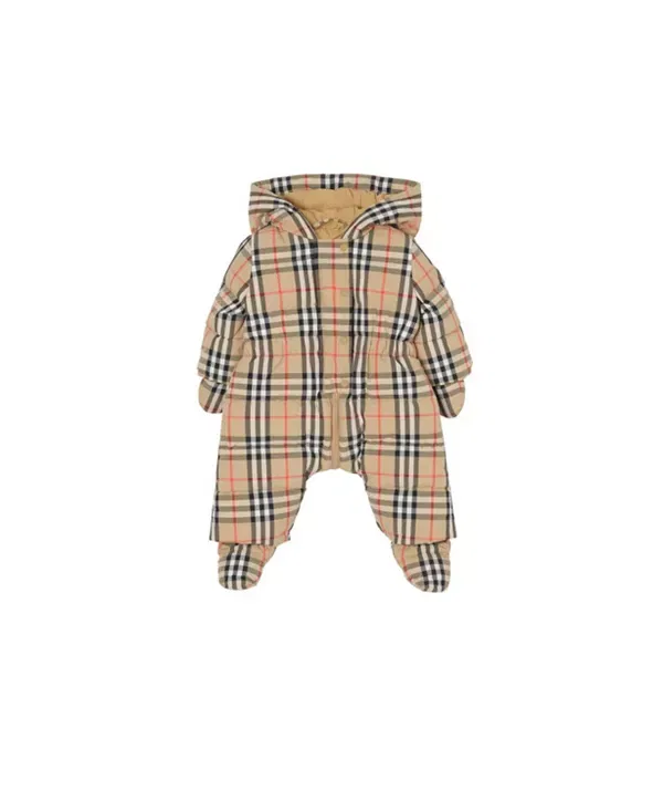 Детский пуховик-комбинезон с капюшоном и клеткой Burberry, Sand Beige