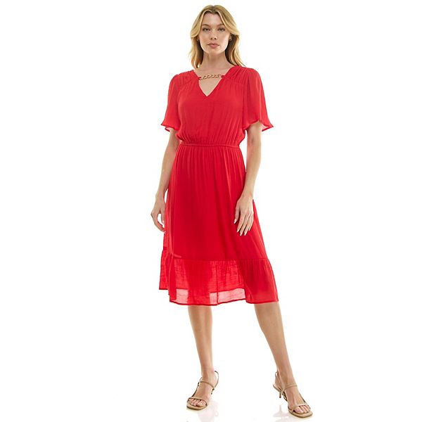 

Женское миди-платье с рукавами-фонариками и деталью в виде ожерелья Luxology, Poppy Red