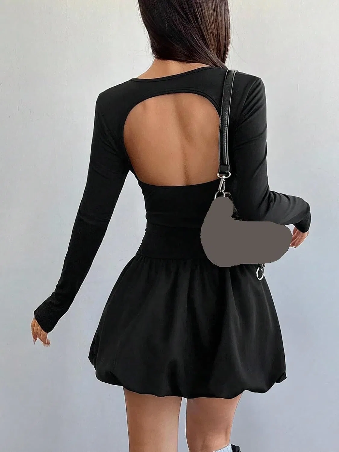 Женское мини-платье трапеция с длинным рукавом, Black — фото 3