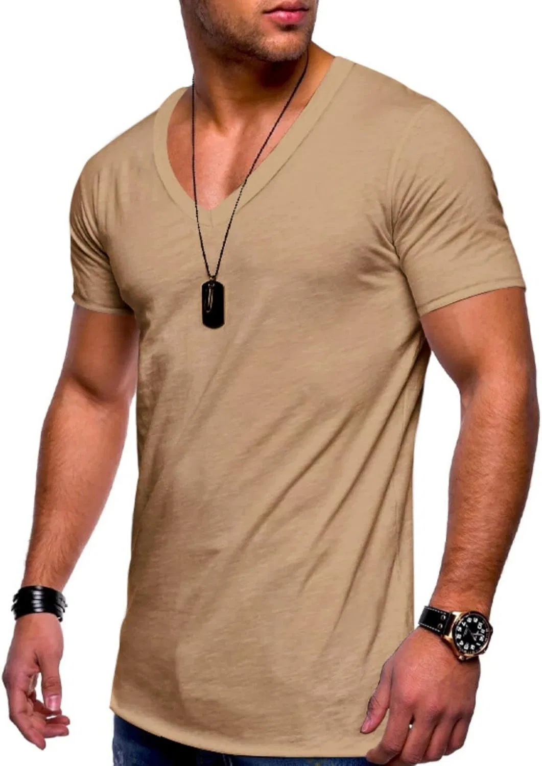Мужская базовая футболка с V-образным вырезом Muscle Tees, Khaki