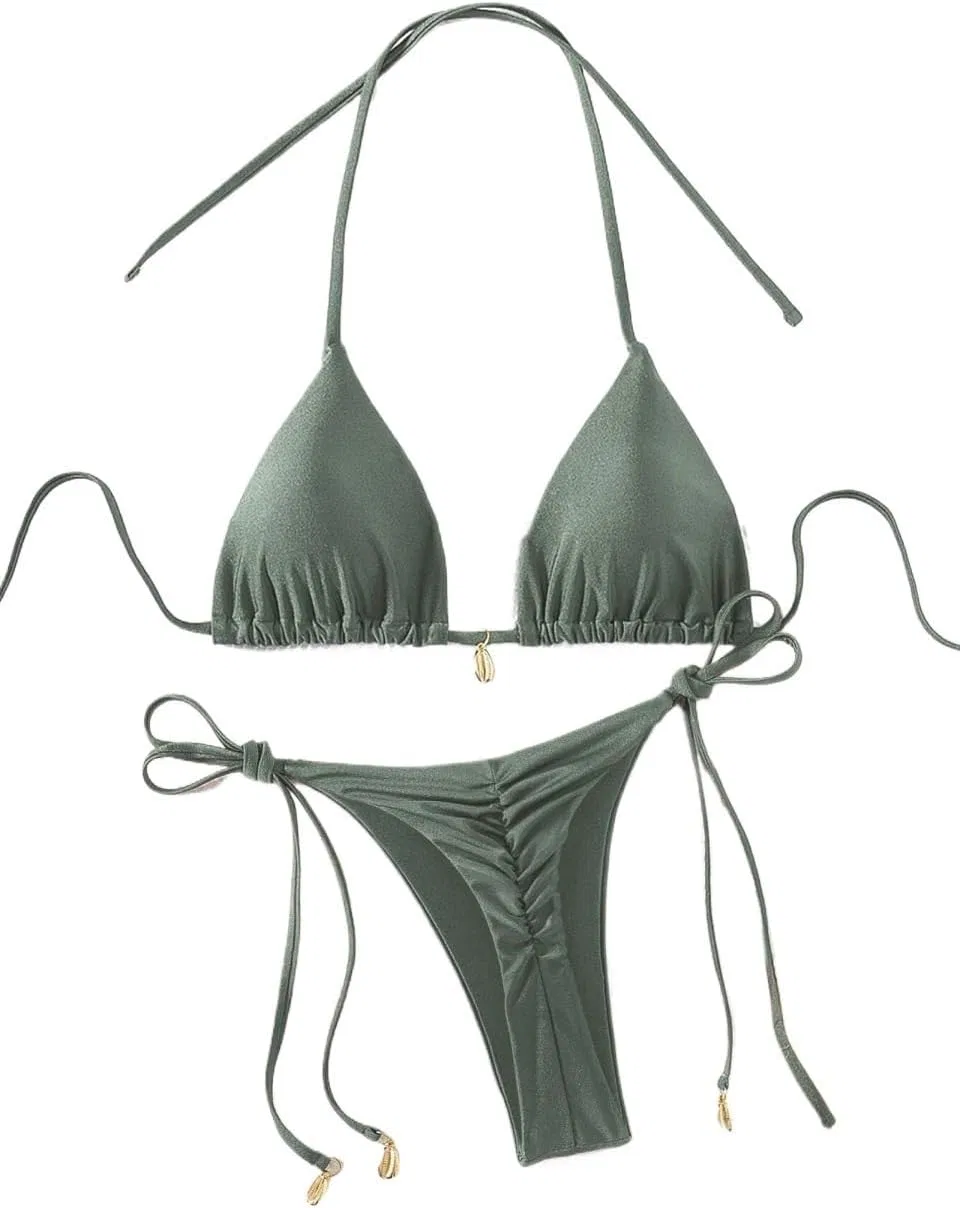 Женский бикини-сет с высокой талией, завязками сзади Halter Neck, Army Green