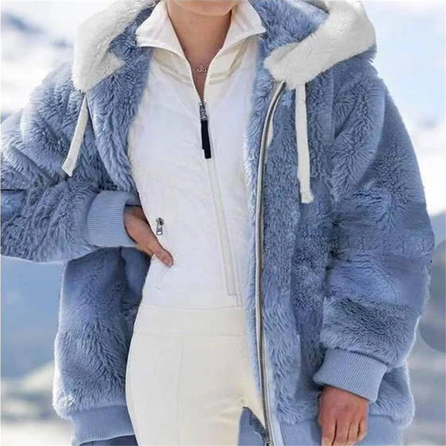 Женское зимнее пальто с меховым воротником и молнией, Verde menta — фото 4