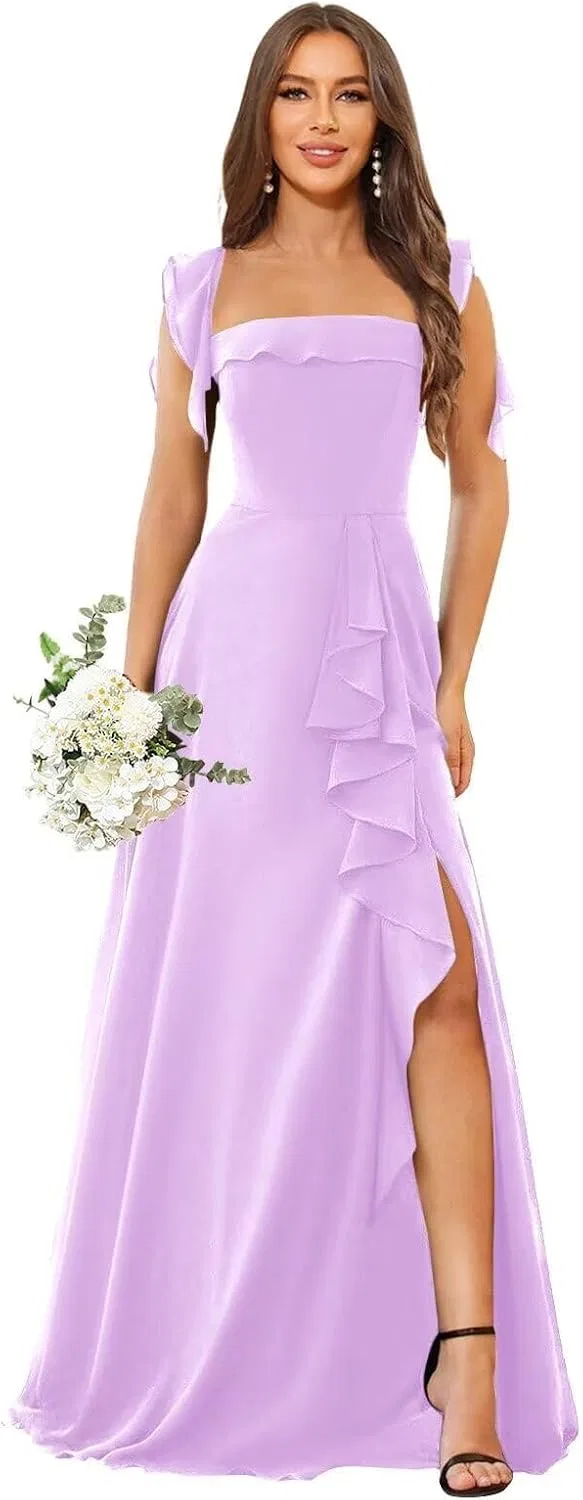 Женское длинное платье с разрезом и рюшами A-line, Lilac