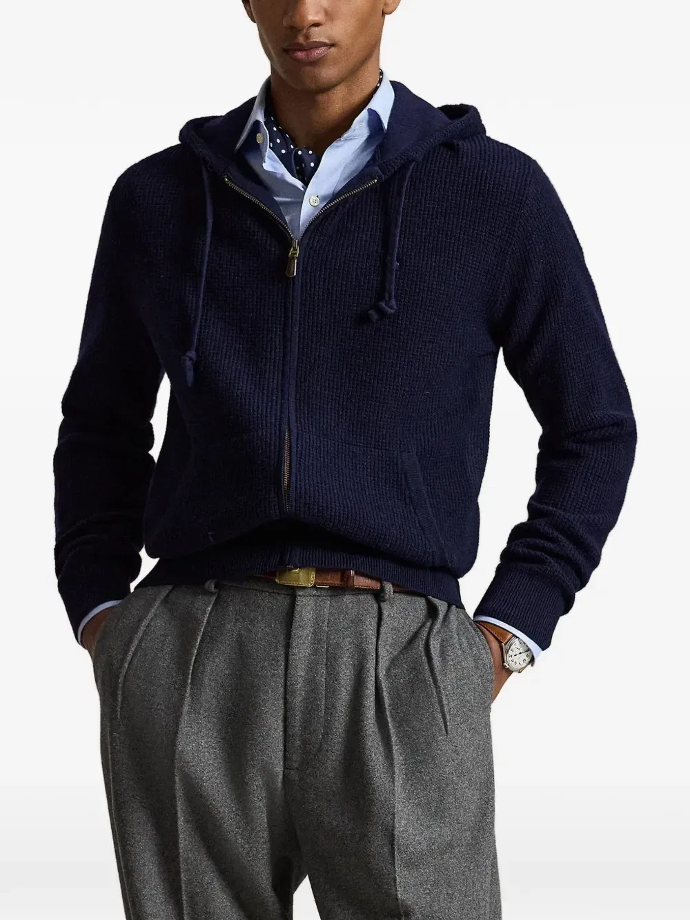 Вязаный вафельной вязкой свитер с капюшоном из шерсти и хлопка Polo Ralph Lauren, синий — фото 2