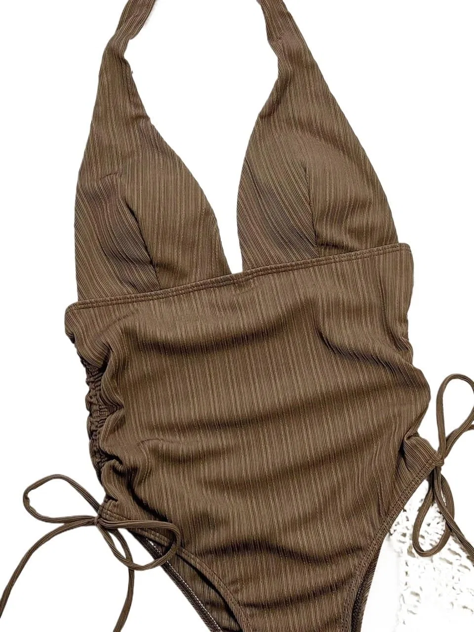 Женский цельнокроеный купальник с высокой талией на завязках, Khaki — фото 3