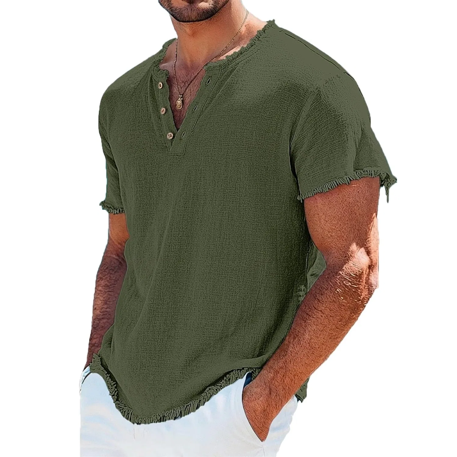 Мужская футболка с v-образным вырезом с коротким рукавом Vintage Frayed Button Down, Green T-shirts Shirts for Men