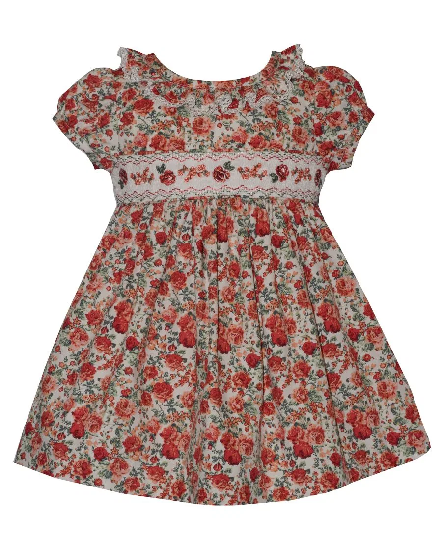Платье для девочек с принтом Smocked Roses Bonnie Baby, Ivory Red