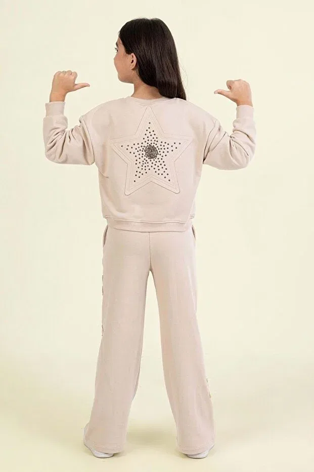Детский комплект для девочек с принтом Girl'S stone detailed star patterned two-piece set Ww Waka Waka Kids Store, Beige — фото 3