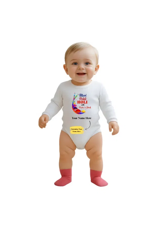 Боди-комбинезон с длинным рукавом с принтом My 1st Holi Printshop4Me, белый