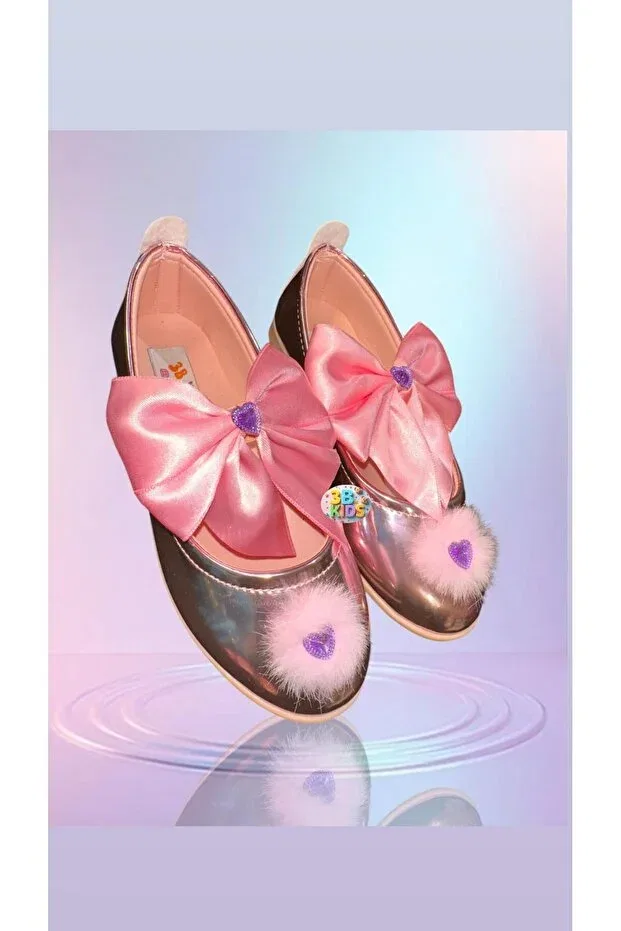 Детские балетки для девочек блестящие с бантом 3B Kids, Pink