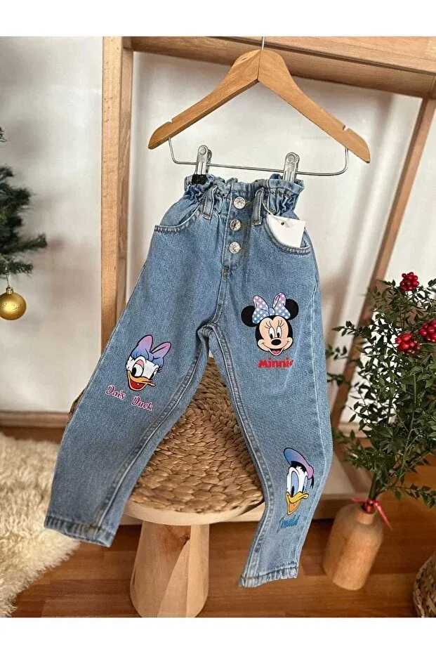 Детские джинсовые брюки для девочек с принтом Minnie Yigit Butik, Blue — фото 2