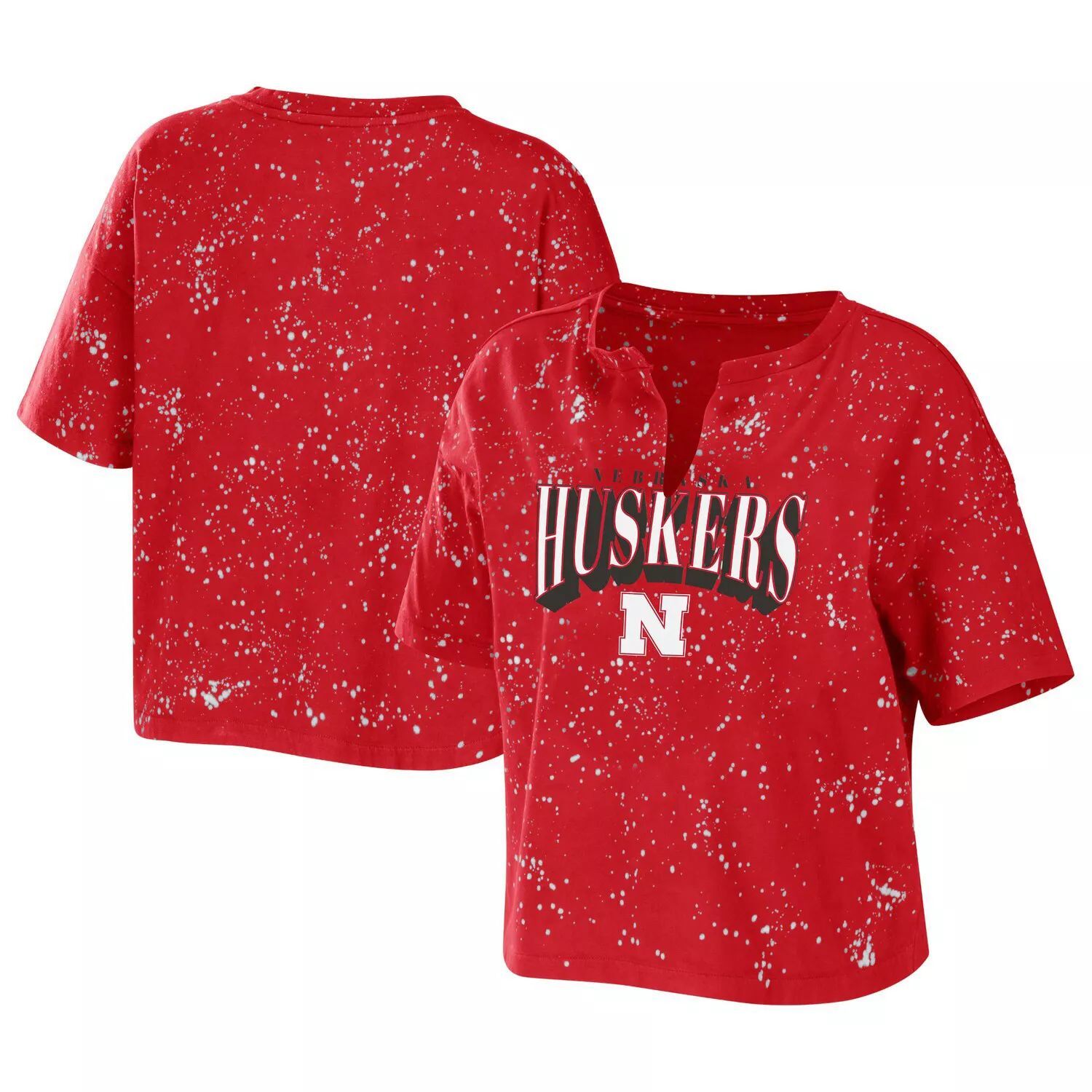 

Женская одежда Erin Andrews Scarlet Nebraska Huskers Футболка с воротником Bleach Wash Splatter Notch