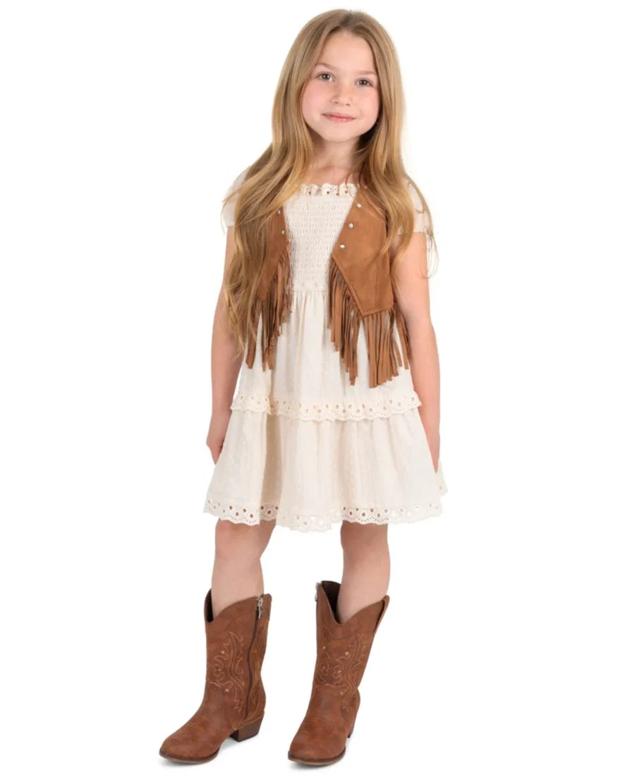 Комплект из платья и жилета с бахромой, модель Suede Fringe Vest and Clip Dot Cotton Puff Sleeve Dress Rare Editions, Ivory