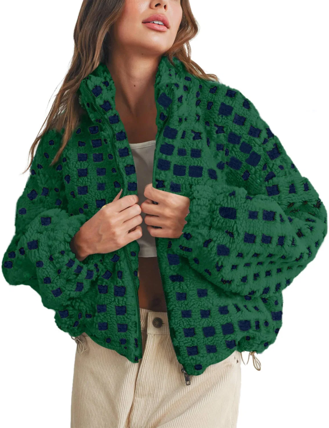 Женское пальто с принтом в клетку Ladies Short Checked Sherpa Coats, Verde scuro