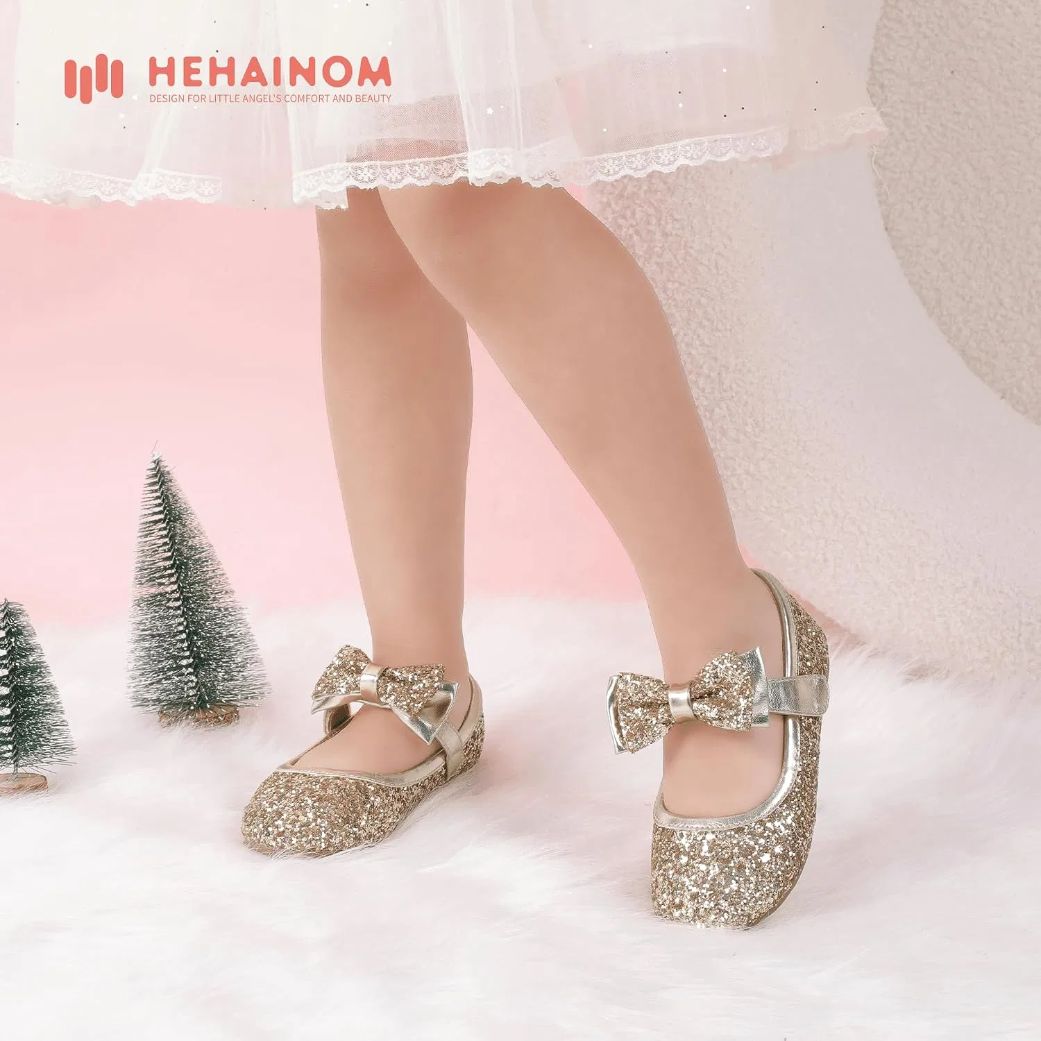 Детские туфли-балетки для девочек с цветочным принтом Hehainom, Alisa Gold Sequin — фото 3
