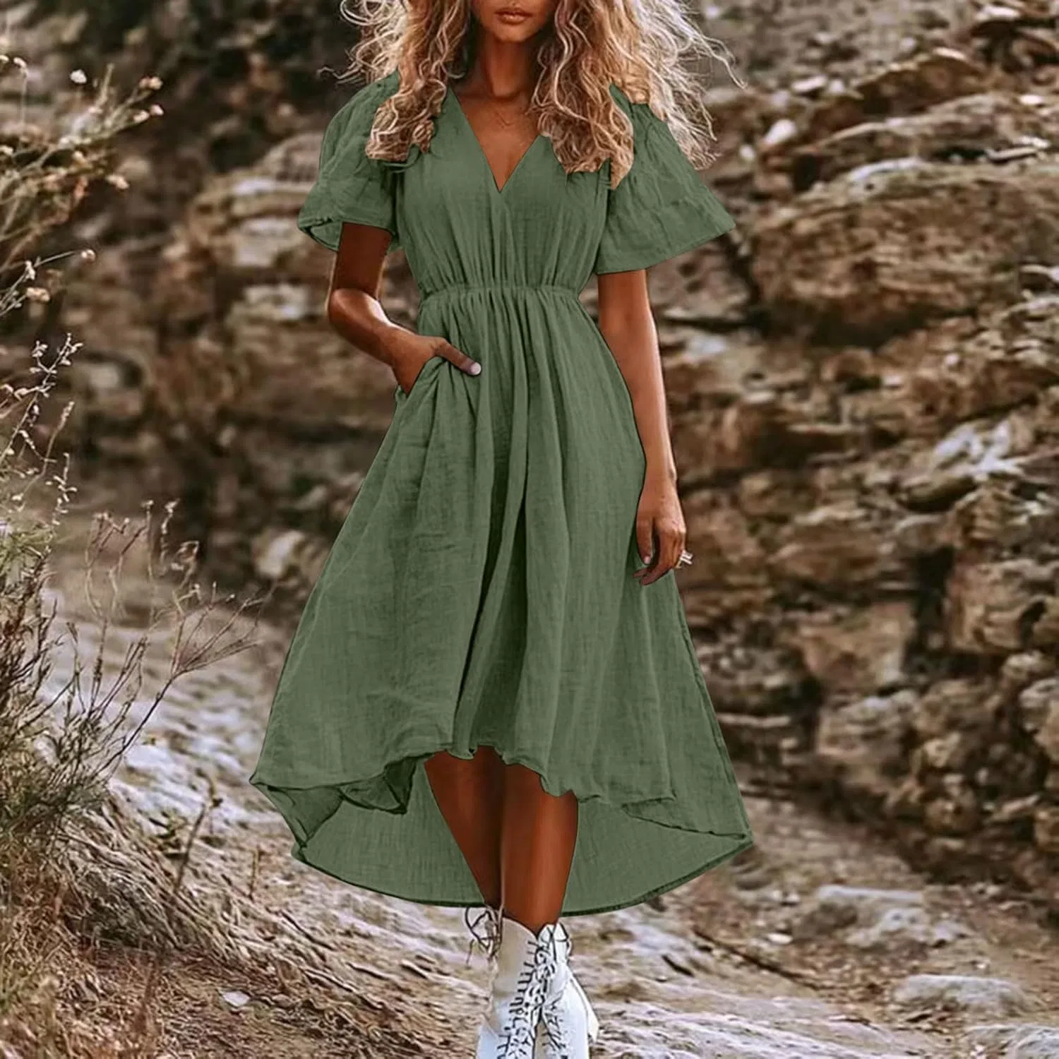 Женское плюс сайз миди платье с V-образным вырезом из хлопка и льна, Army Green — фото 2