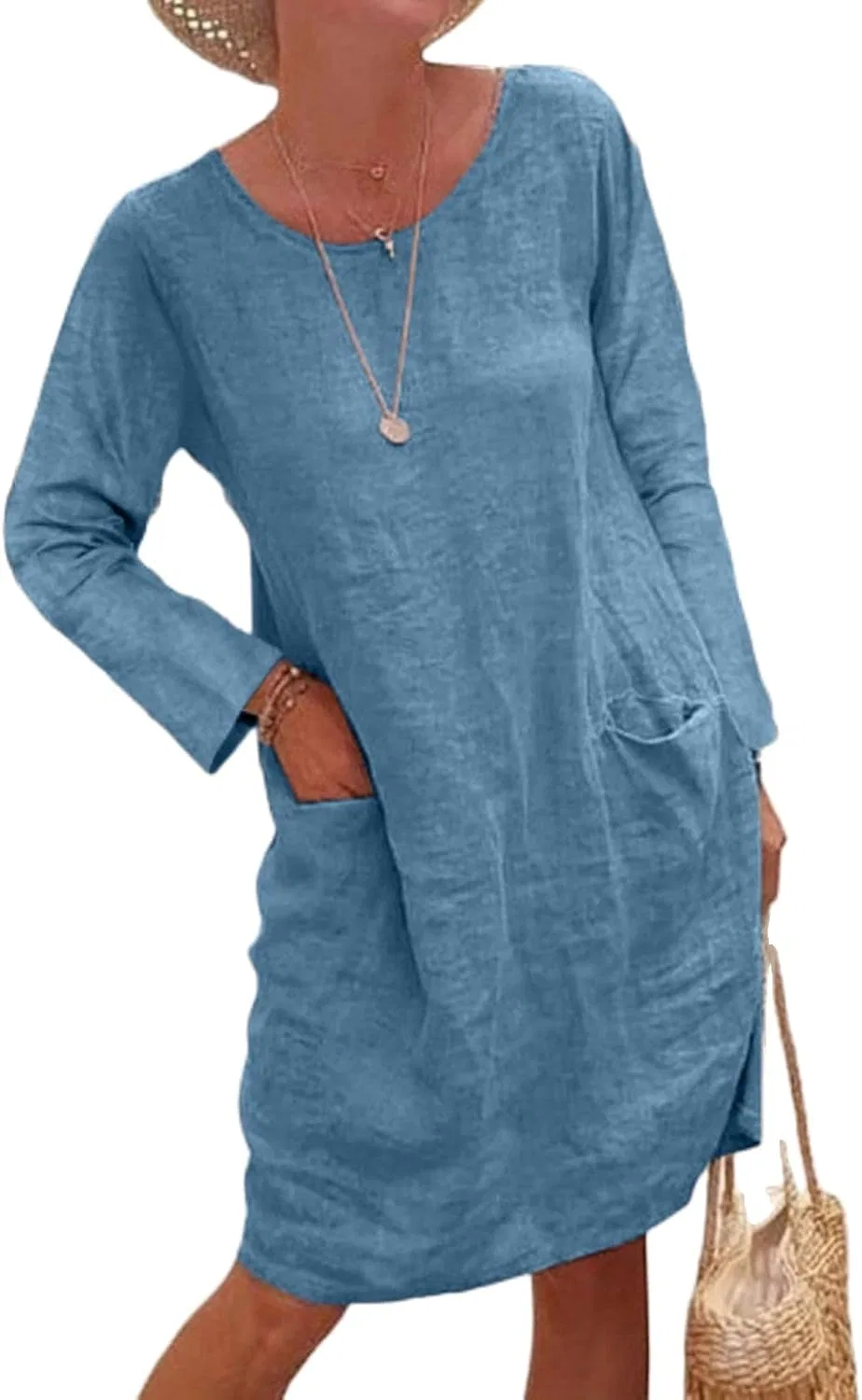 Женская свободная туника с карманами Cotton Linen, Blue