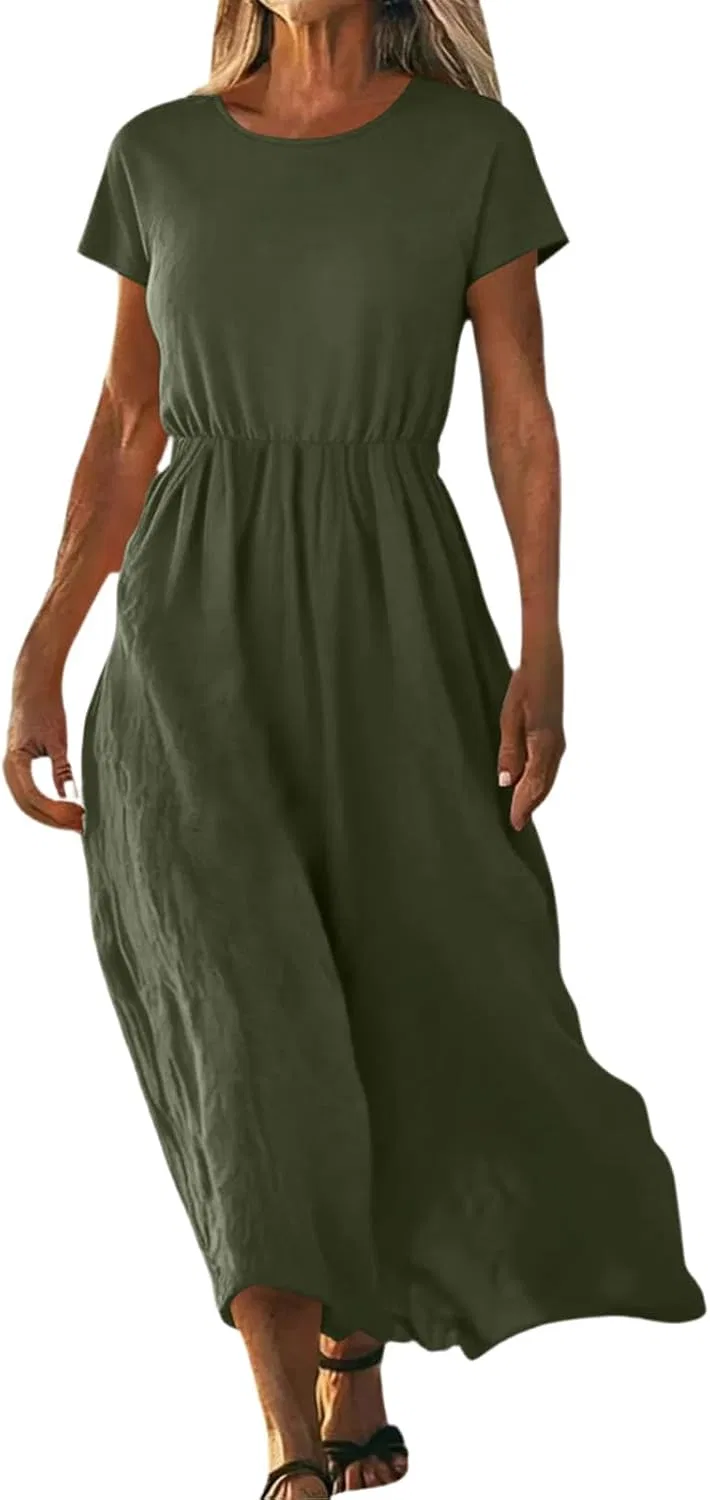 Женское летнее платье свободного кроя с коротким рукавом, Army Green
