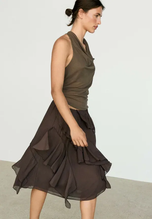 Юбка миди из вискозы Flowing ruffled midi skirt Massimo Dutti, темно-коричневый — фото 3