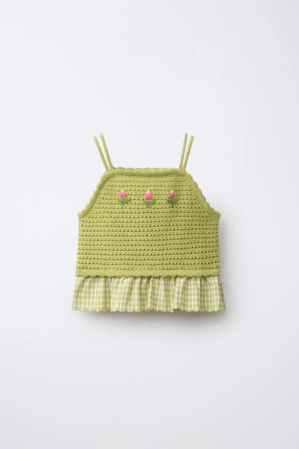 Вязаный топ в клетку и с вышивкой. ZARA, Light green