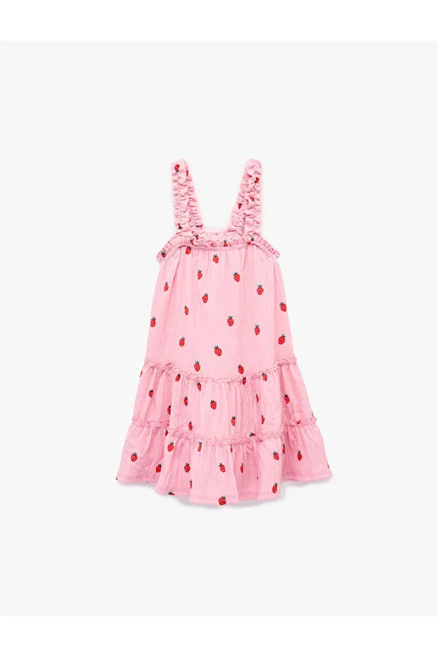 Детское платье для девочек с принтом Strawberry Print Ruffle Wrap Slim Strap Dress Koton, Pink Patterned