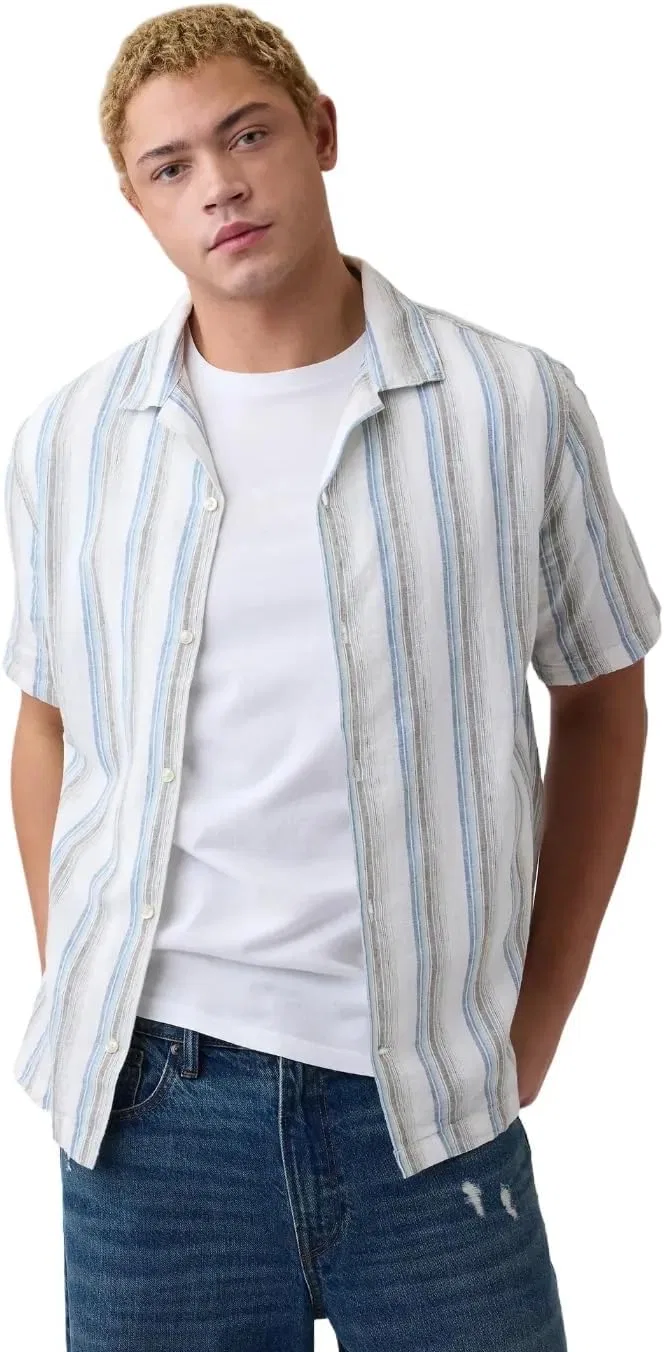 Мужская рубашка с коротким рукавом из льна GAP, Green Stripe
