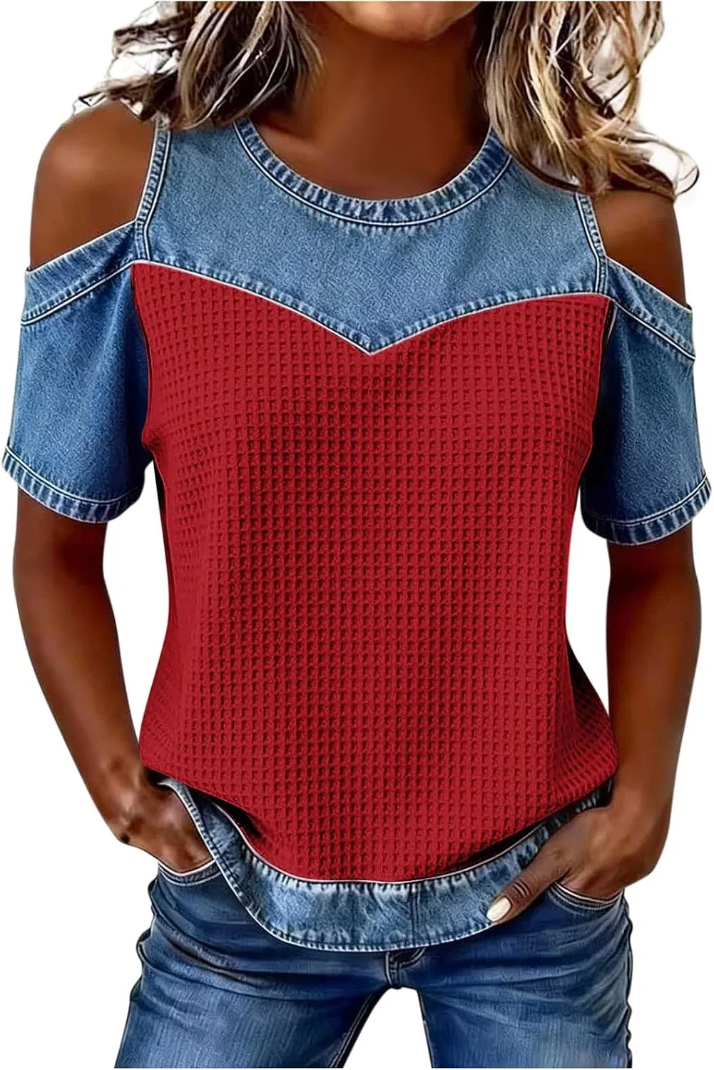 Женская футболка с вырезом на плечах, модель Cold Shoulder Waffle Knit, красный