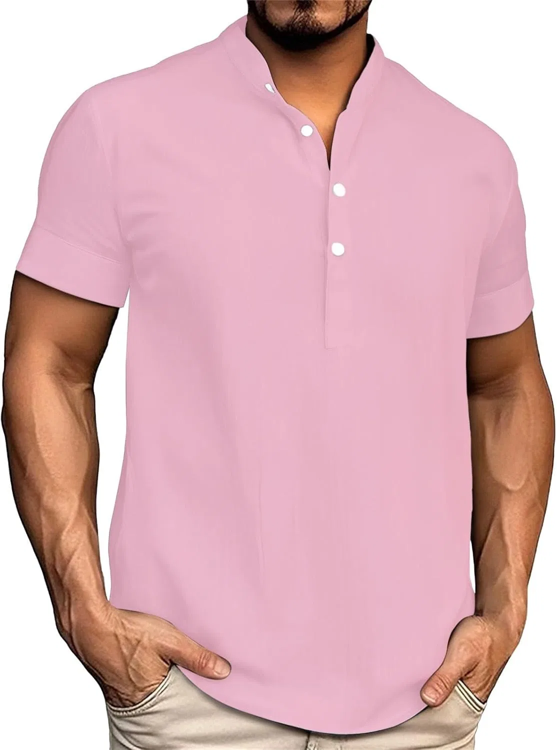 Мужская льняная футболка поло с коротким рукавом, Pink