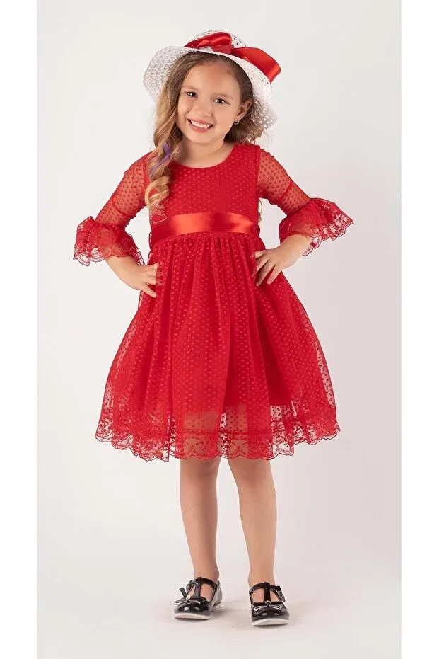 Детское платье для девочек с принтом Double Hat Bow Polka Dot Period Dress Mnk, Red