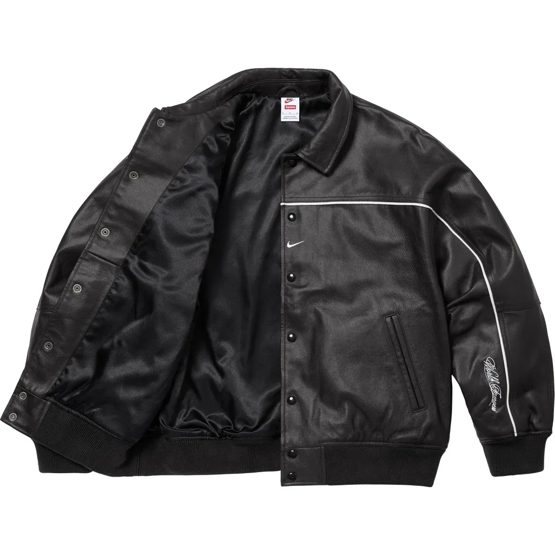Женская куртка-бомбер с кожаными рукавами Supreme Nike Leather Varsity Jacket, Ivory White/Ivory White — фото 4