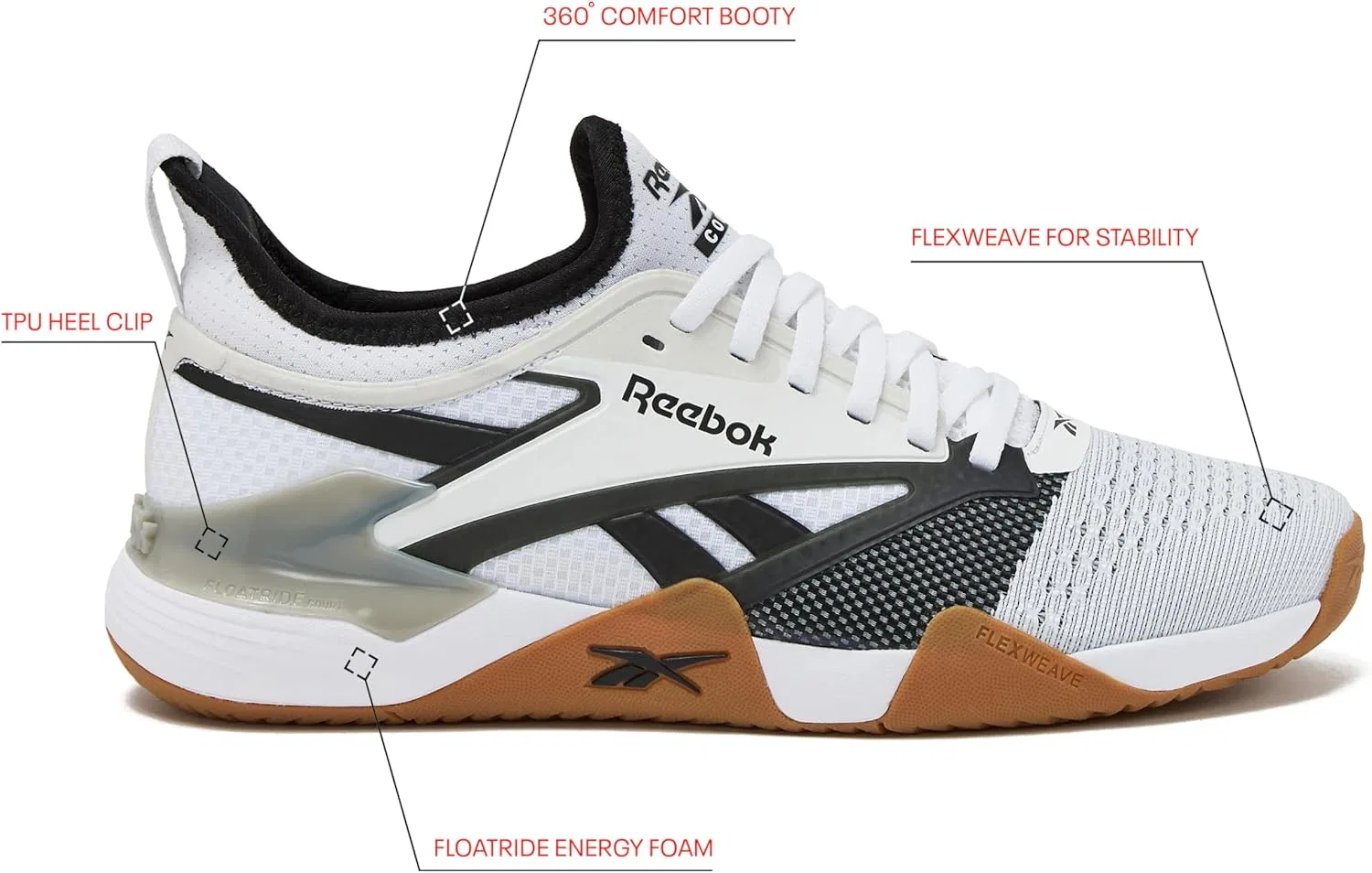 Кроссовки для кортовых видов спорта Reebok Nano Court, White/Black/Grey 1 — фото 2